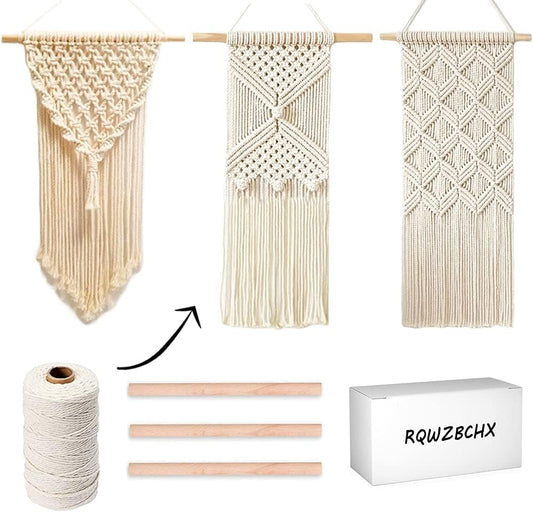DIY Macramé Wall Hanging Kit – 3 Patterns with Cord, Dowels & Guide